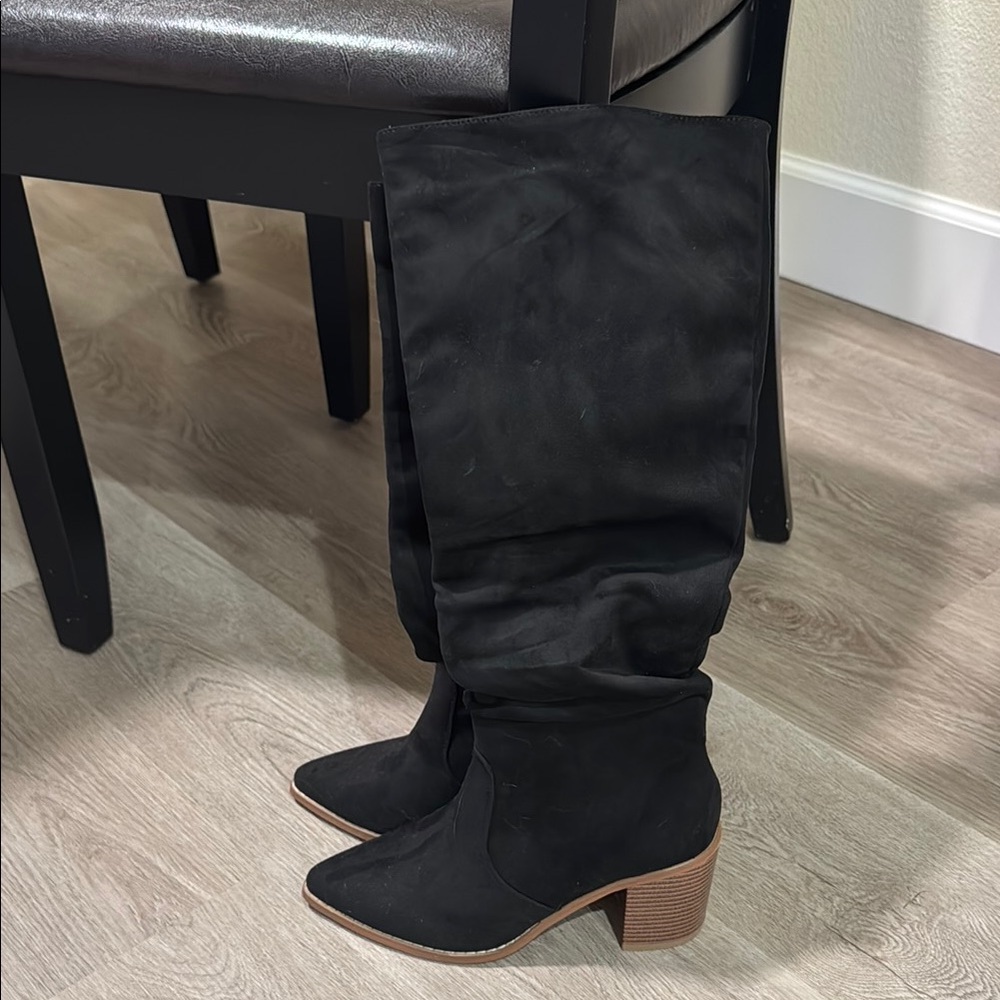 Womens Pointed Toe Mid Chunky Heel Side Zipper Knee High Boots Tall Booties